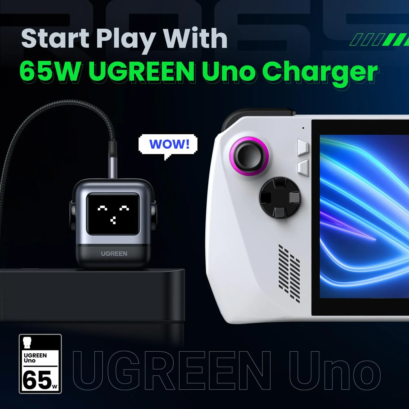 Black Uno65W robot charger connected to a laptop; manufacturer setup photograph.