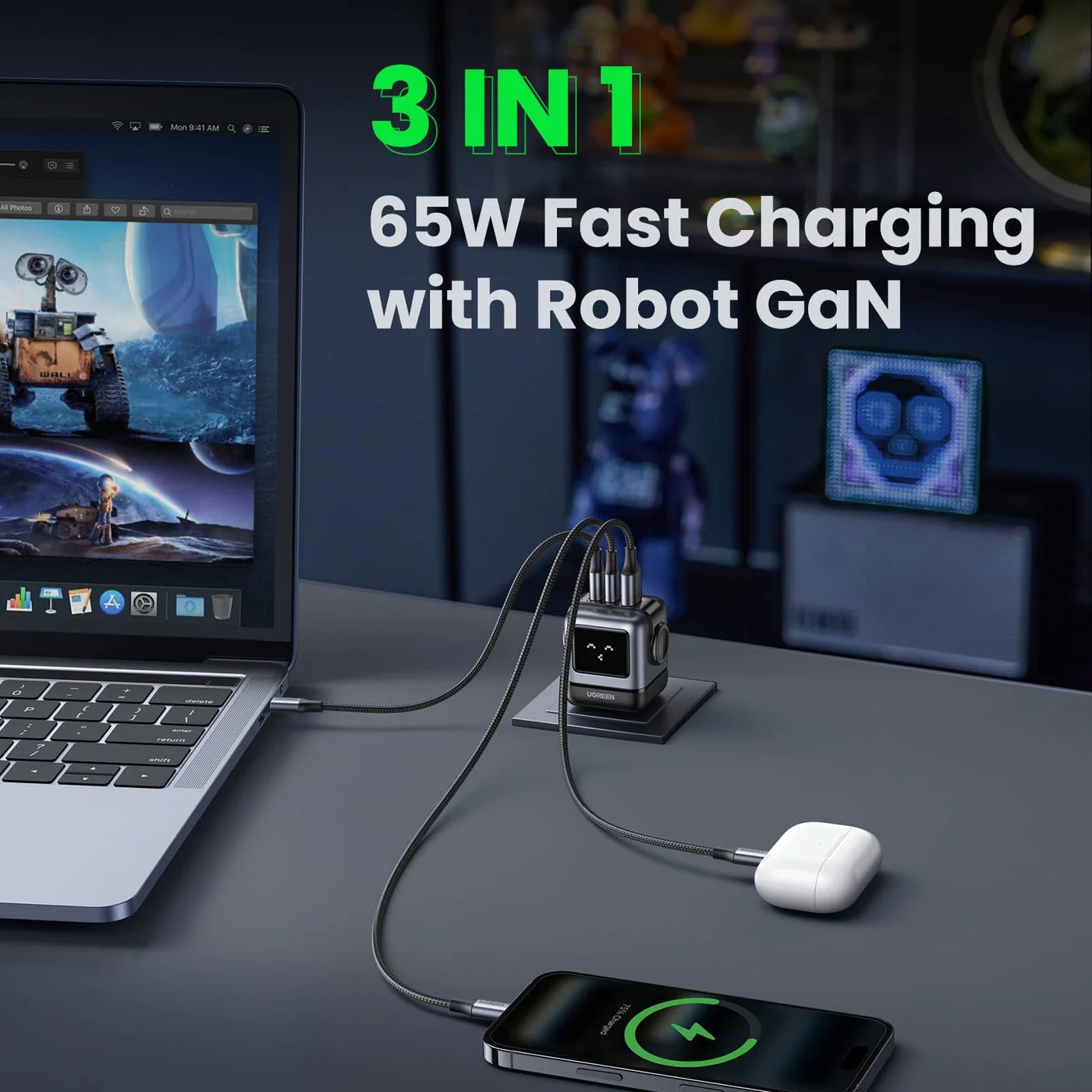Three-port desk arrangement;65W is the shared maximum, not the output of each device.