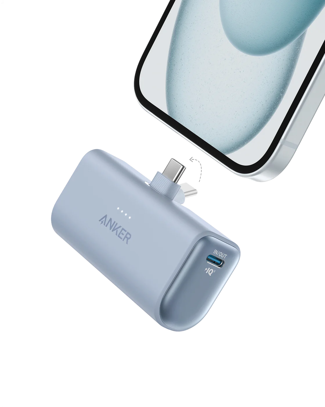 Ice Lake Blue A1653 with the folding USB-C connector extended, in a manufacturer product illustration; phone not included.