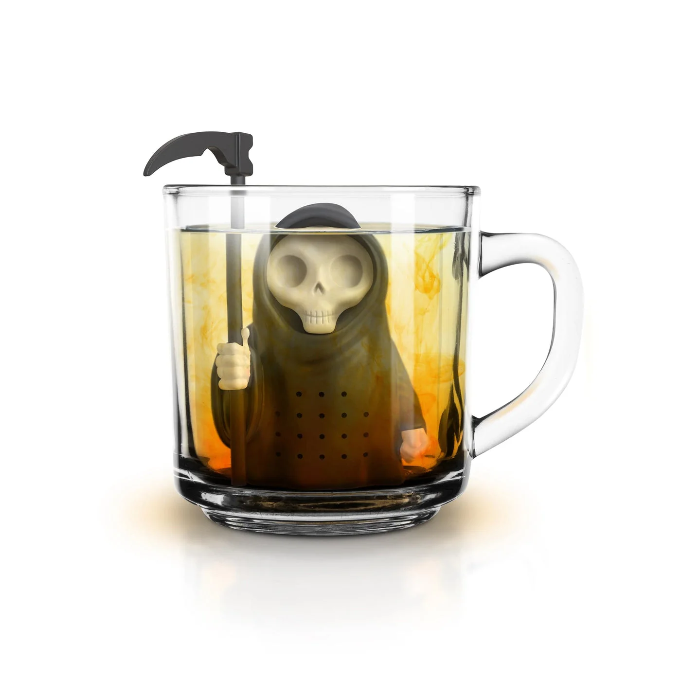 Infuser hanging in a glass mug, showing the rim support and submerged body.