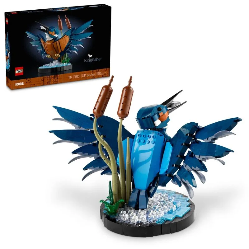 Kingfisher10331 with water-effect stand, reeds and fish; the bird is a brick-built display.