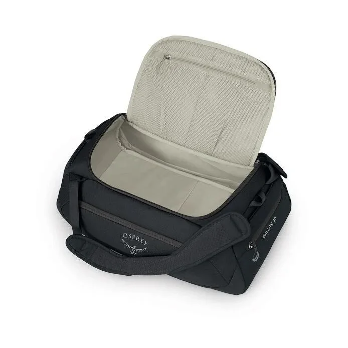 Black 30-litre duffel opened to show the broad U-shaped access.