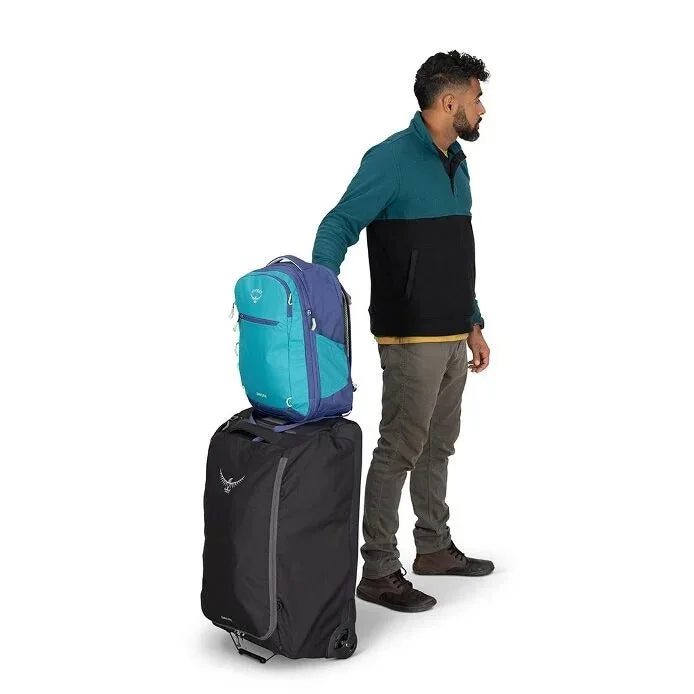 Alternative blue colour demonstrates the luggage-handle pass-through; suitcase is not included.