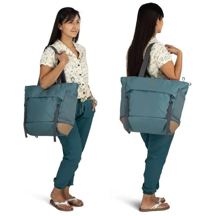 Cascade Blue/Latte Brown Large Tote Pack carried over the shoulder; manufacturer model photograph.