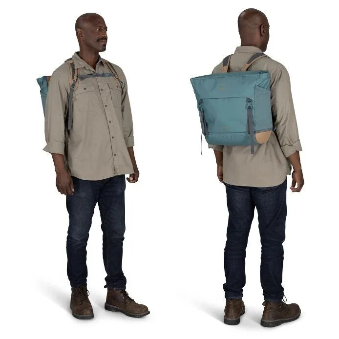 Selected colour shown in hand and backpack carry modes; manufacturer model photograph.
