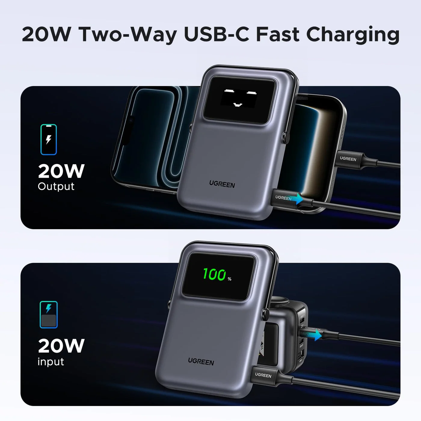 USB-C input and output arrangement;20W is the wired maximum for compatible devices.