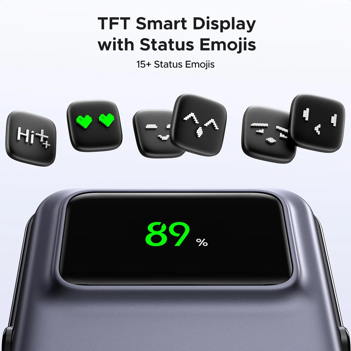 Expressive TFT display examples showing the robot face and remaining charge.