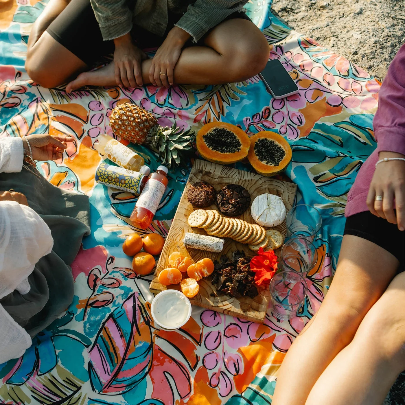 Overhead picnic view shows how food and people share the blanket's footprint.