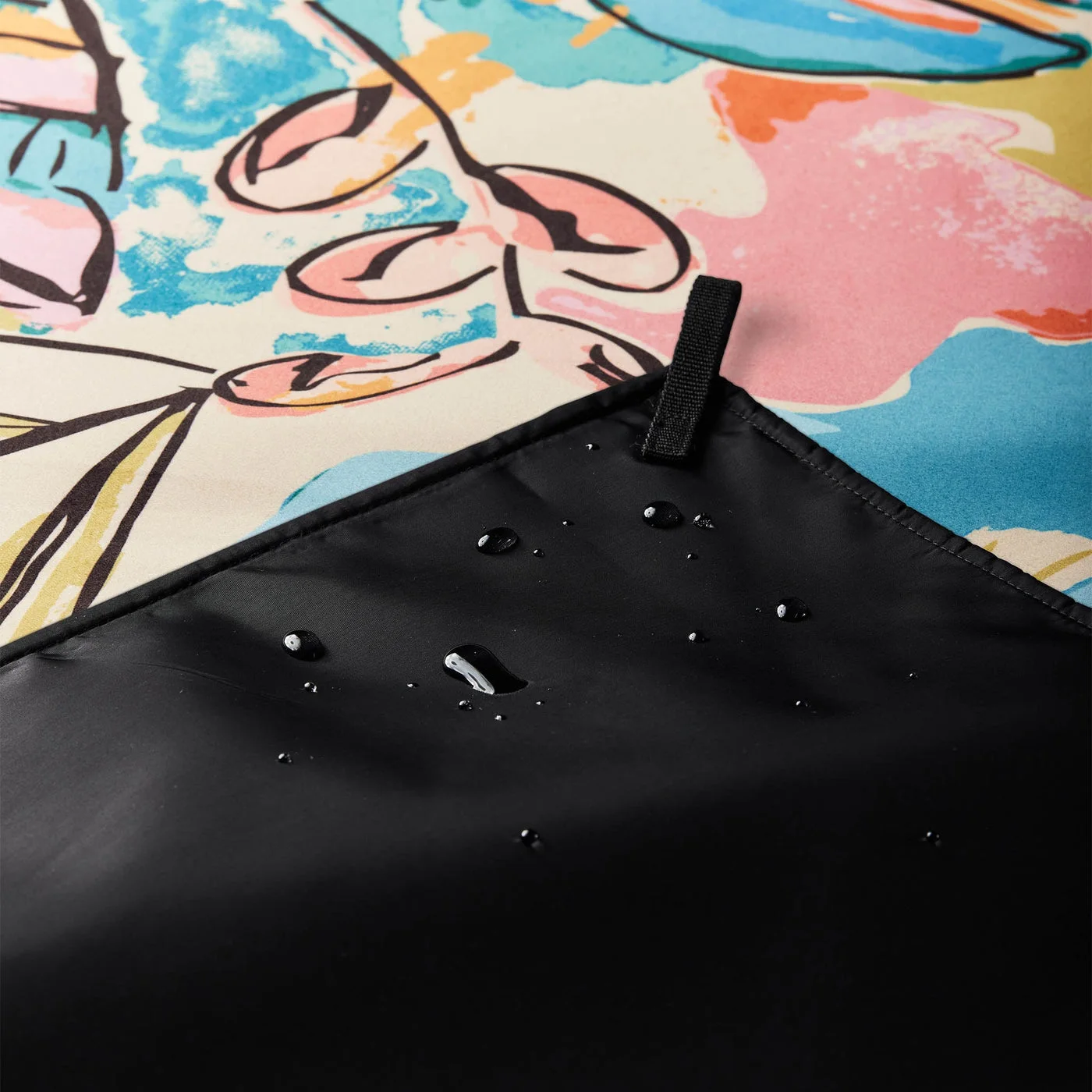 Close-up of the water-resistant underside and a corner loop; stakes are not included.