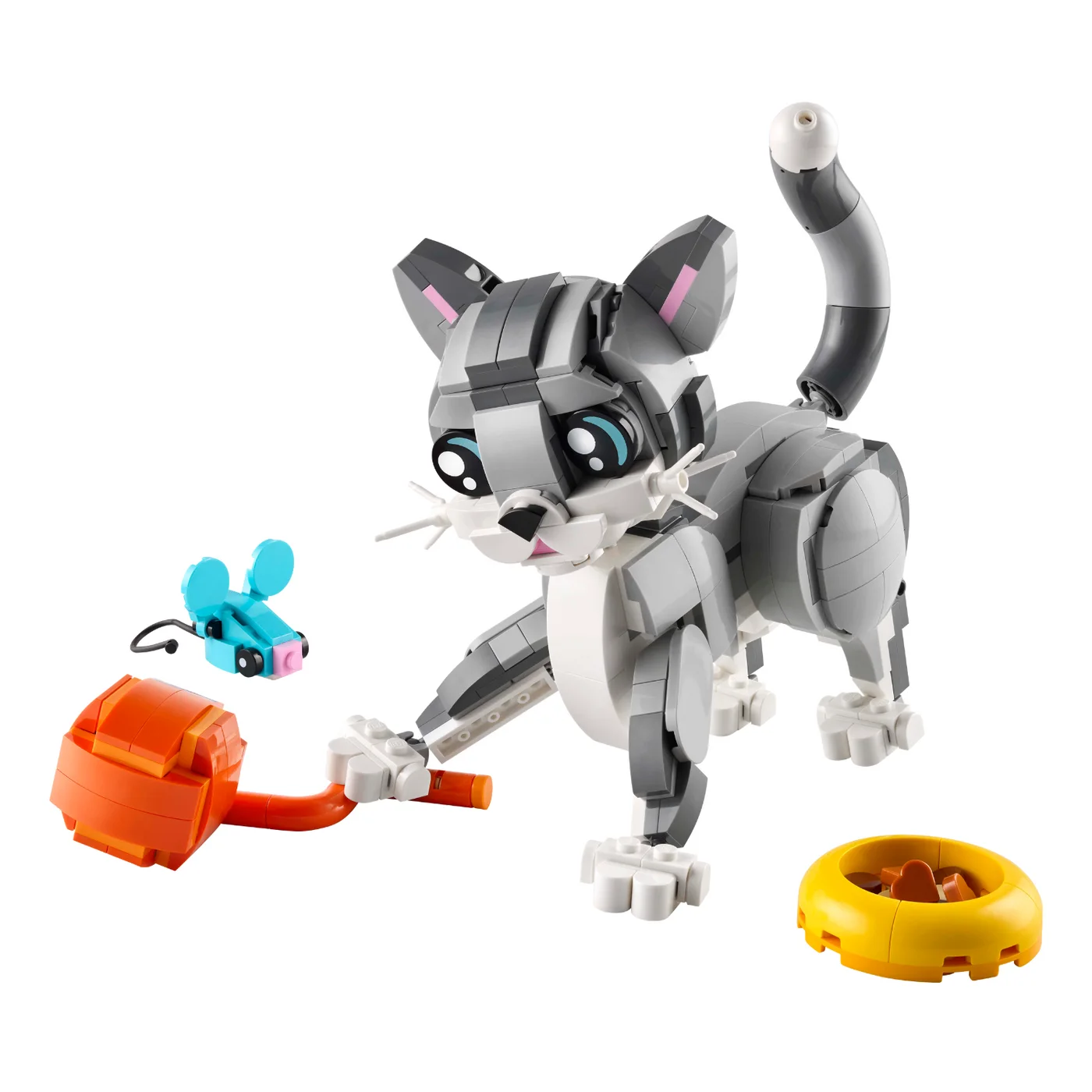 The completed 31163 cat and its bowl, mouse and yarn accessories.