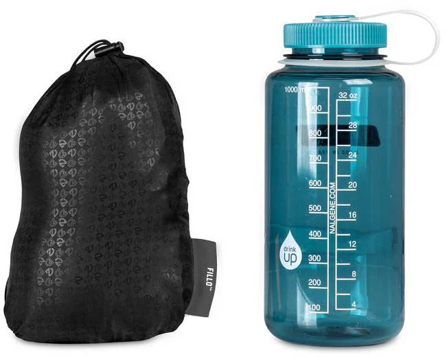 Integrated stuff sack beside a demonstration bottle for scale; bottle not included.