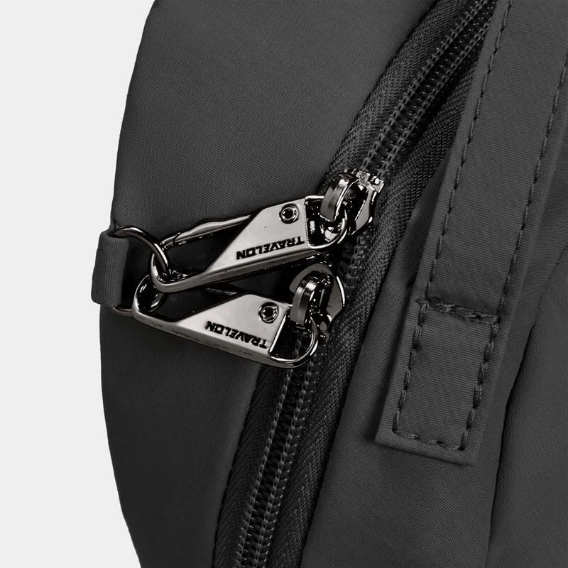 Roam locking zipper hardware close-up, shown in black.