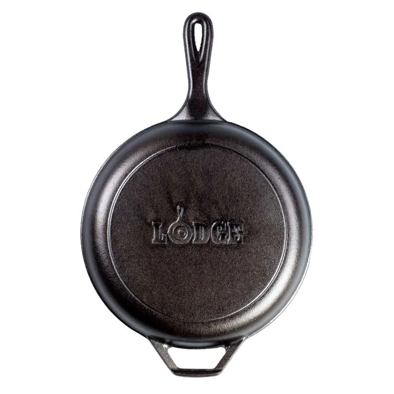 Rear view of the shallow skillet shows the iron underside and handle layout.