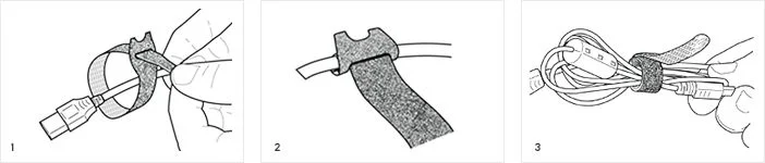 Original manufacturer instruction diagram: attach through the slot, coil loosely, then wrap the strap onto itself. Retained at its original 702x150 resolution without enlargement.