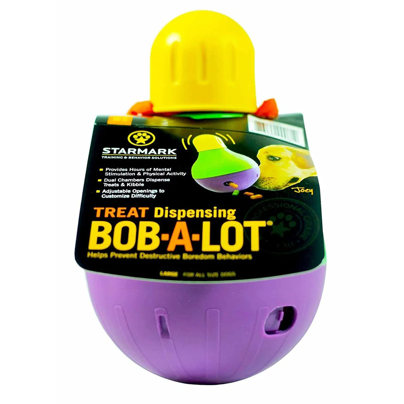 Packaged Large SMBAL Bob-A-Lot: yellow top, green body and purple weighted base.