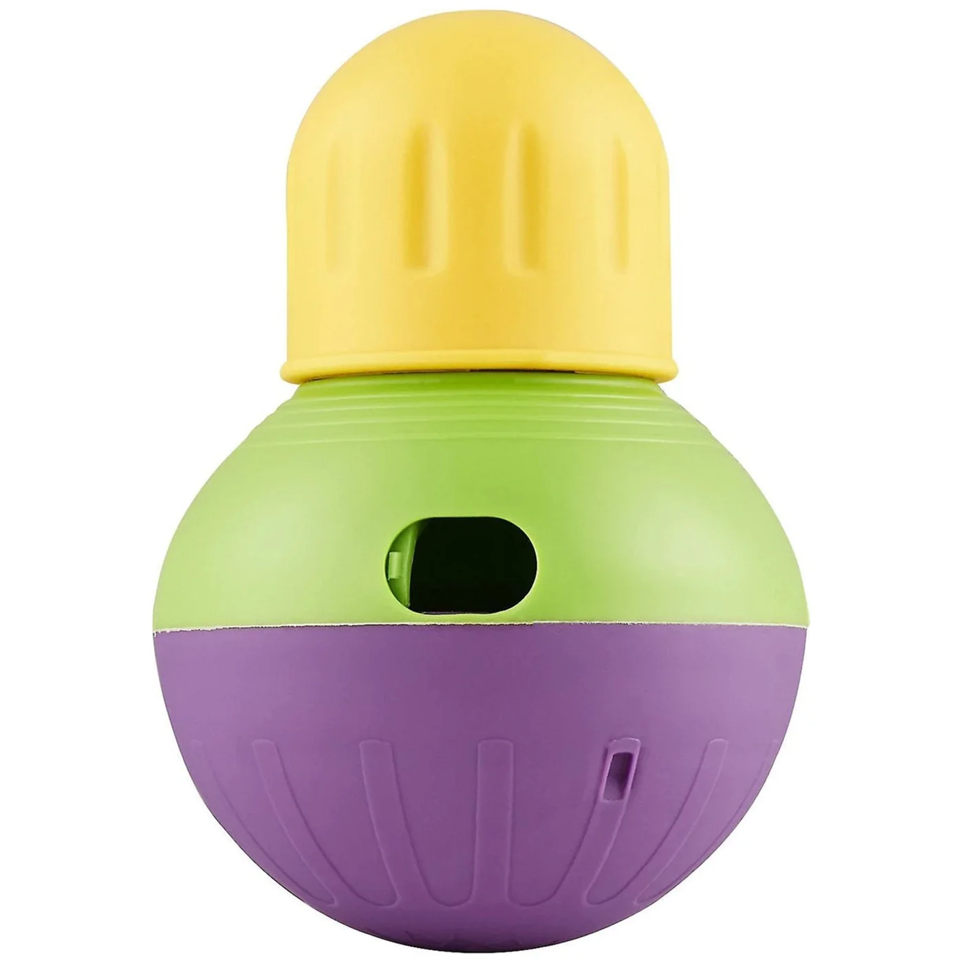 Unwrapped dispenser showing the opening and weighted base; food size and difficulty need an individual trial.