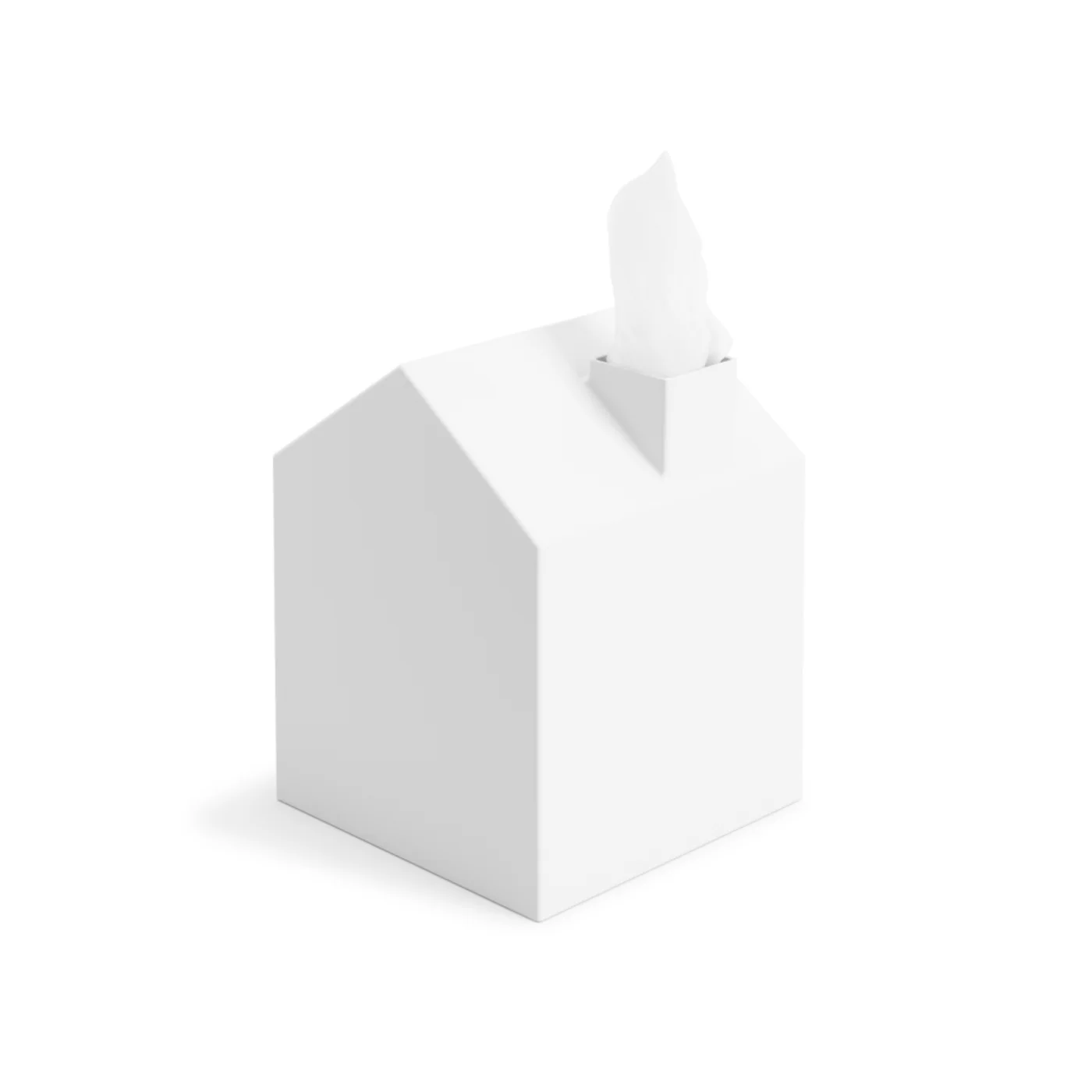 The selected white Casa tissue cover dispenses a tissue through its chimney.