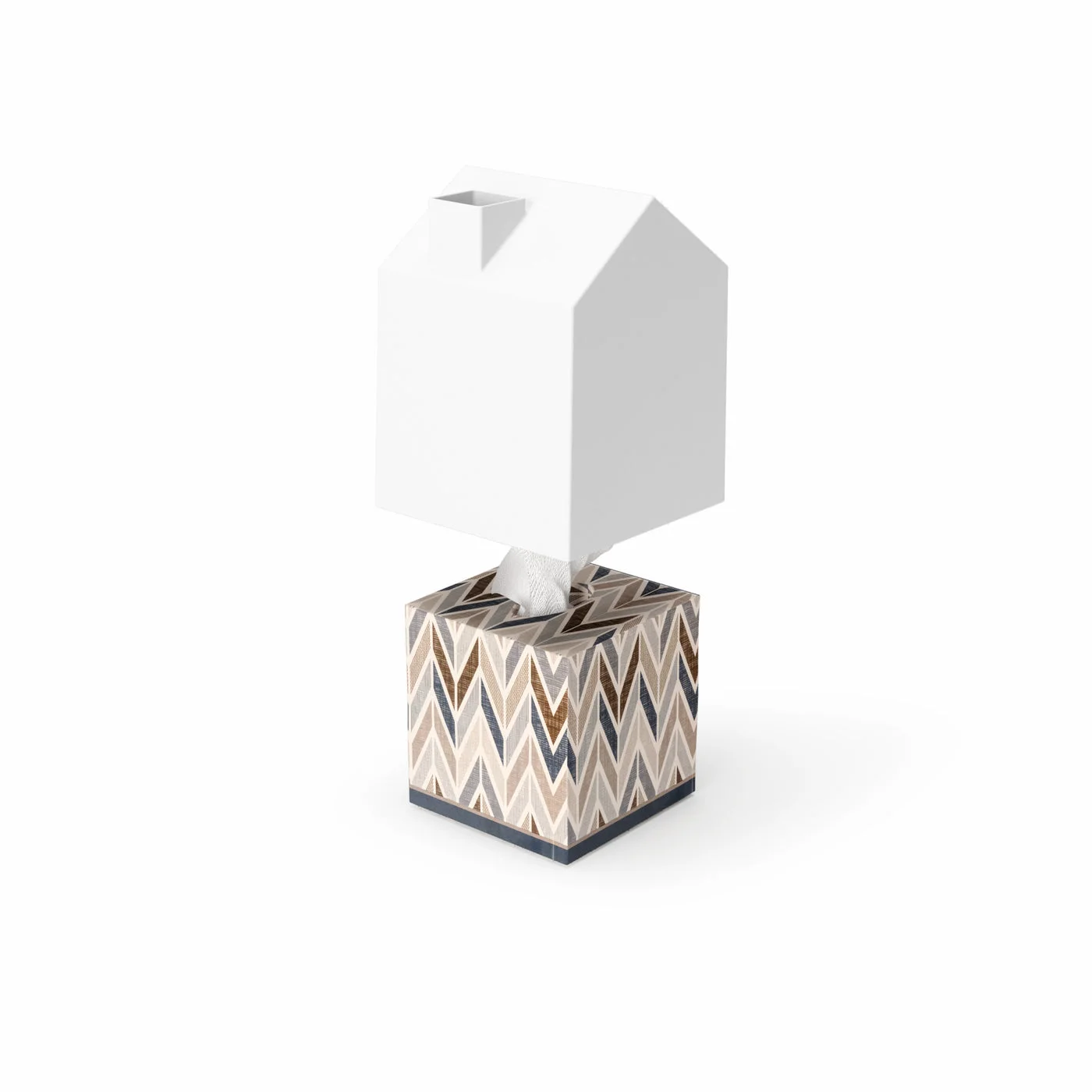 The cover lifted above a cube tissue box illustrates the fit; tissues and box are sold separately.
