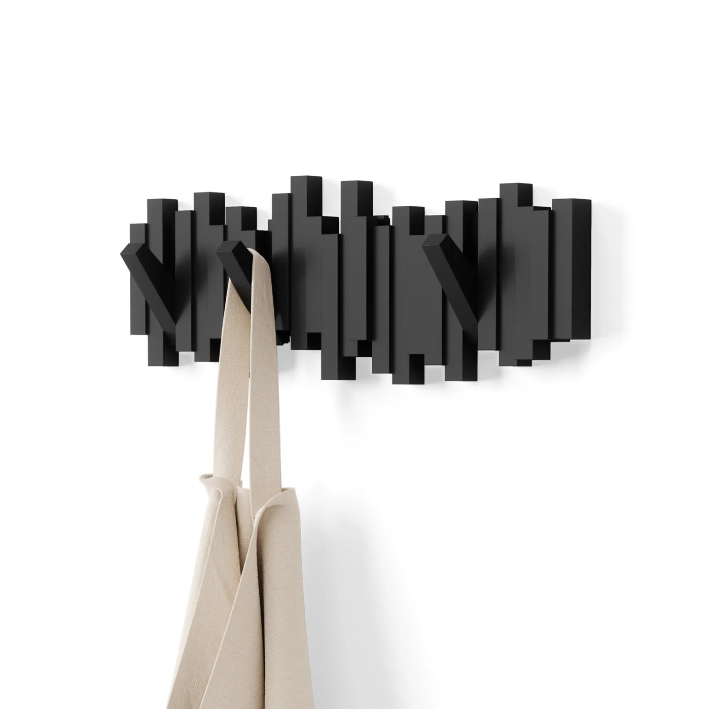 Black Sticks rail with five fold-down hooks among the decorative vertical elements; scarf not included.