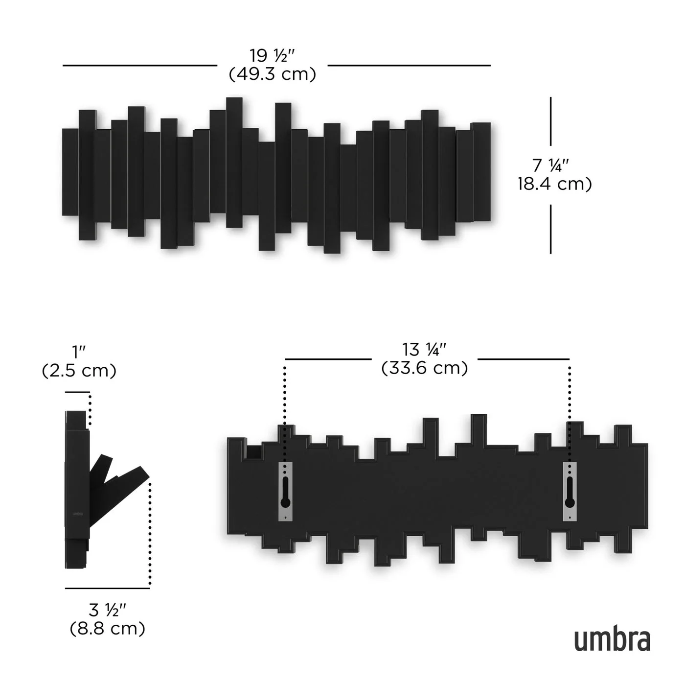 Manufacturer size drawing showing the rail and a deployed hook; measure both wall width and projecting depth.