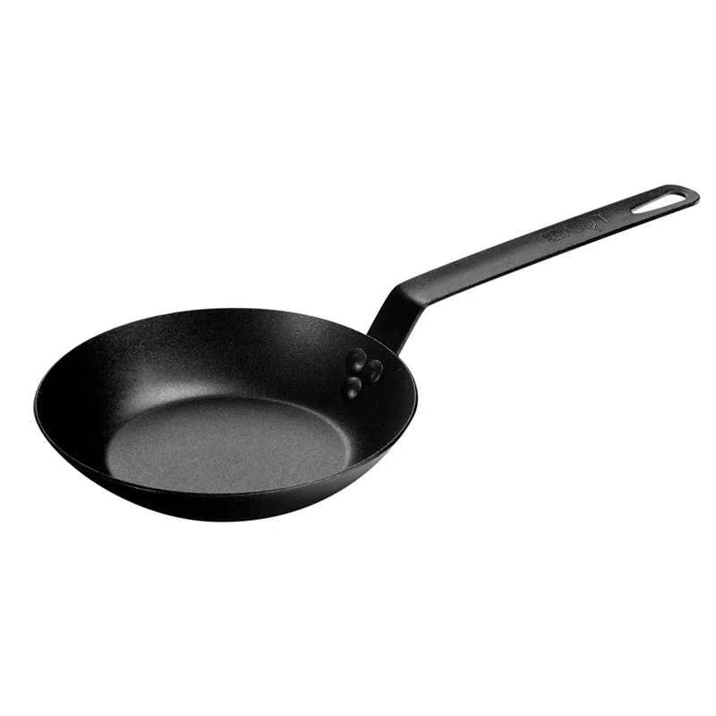The eight-inch CRS8 carbon steel skillet has a long straight metal handle.