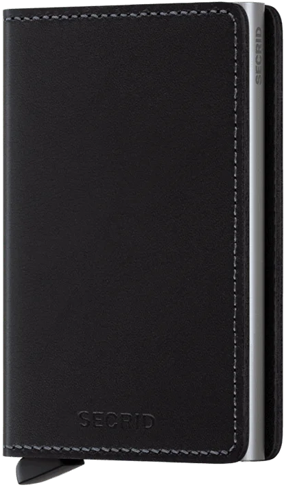 The Original Black Slimwallet has a plain open leather wrap, without a closing button.
