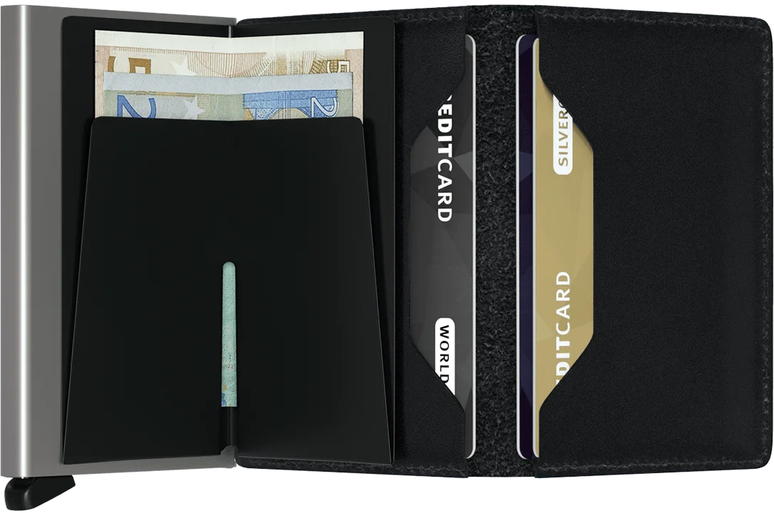 The fully unfolded wrap illustrates banknote and extra-card storage; pictured contents are not included.