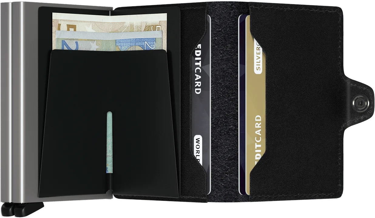 The unfolded leather wrap shows extra-card and folded-banknote space; sample cards and money are not included.