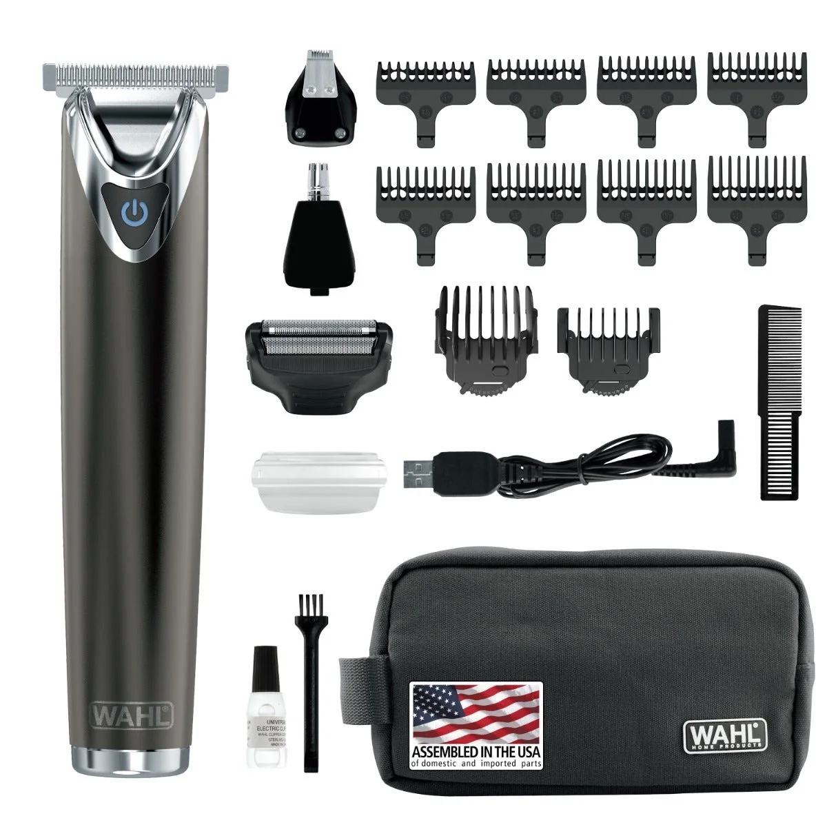 Kit layout showing heads, combs and storage accessories; confirm current seller contents.