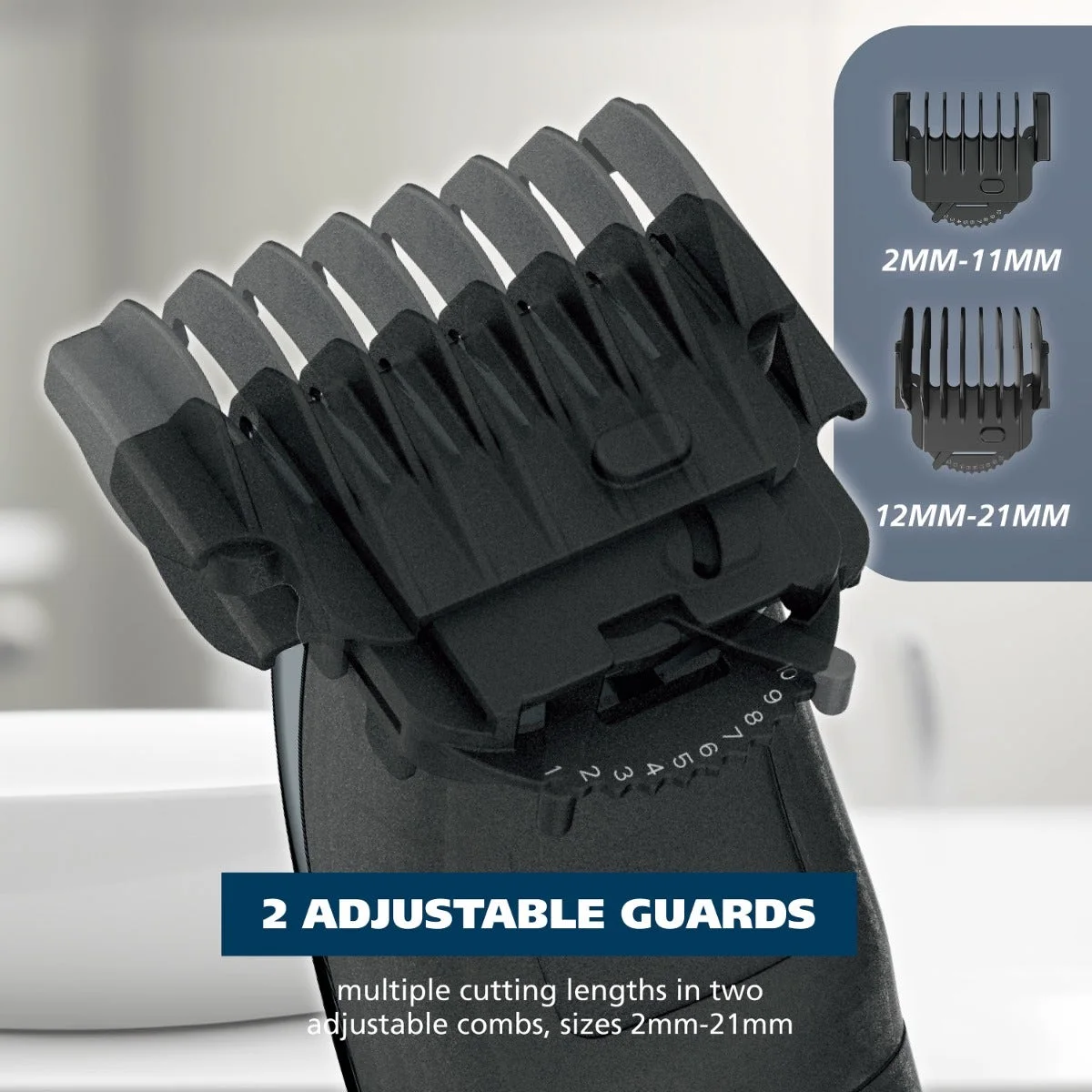 Adjustable guards shown for selecting a cutting length.
