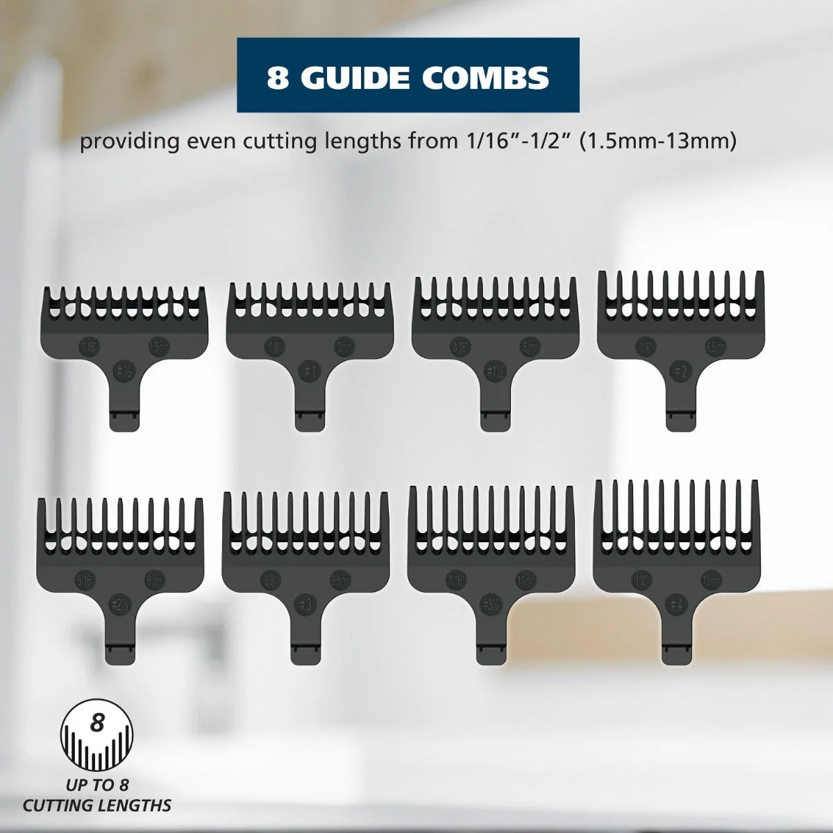 Fixed combs shown for choosing an appropriate trim length.