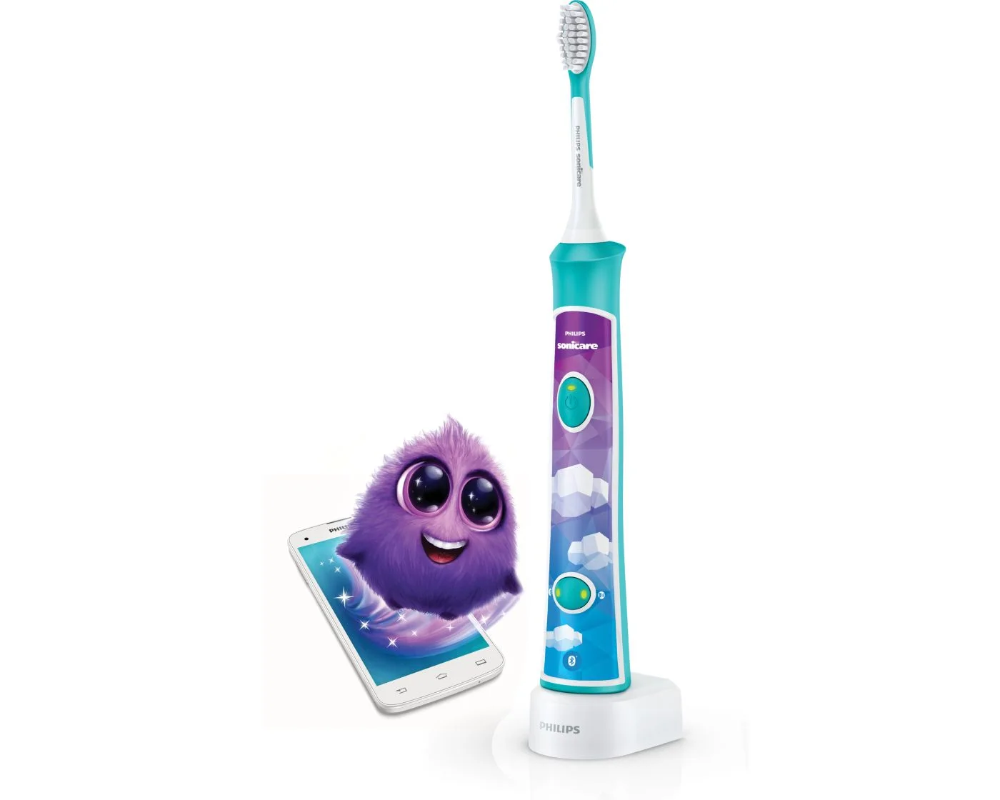 Turquoise HX6321/02 toothbrush with charging base and a pictured app screen; mobile device is not included.
