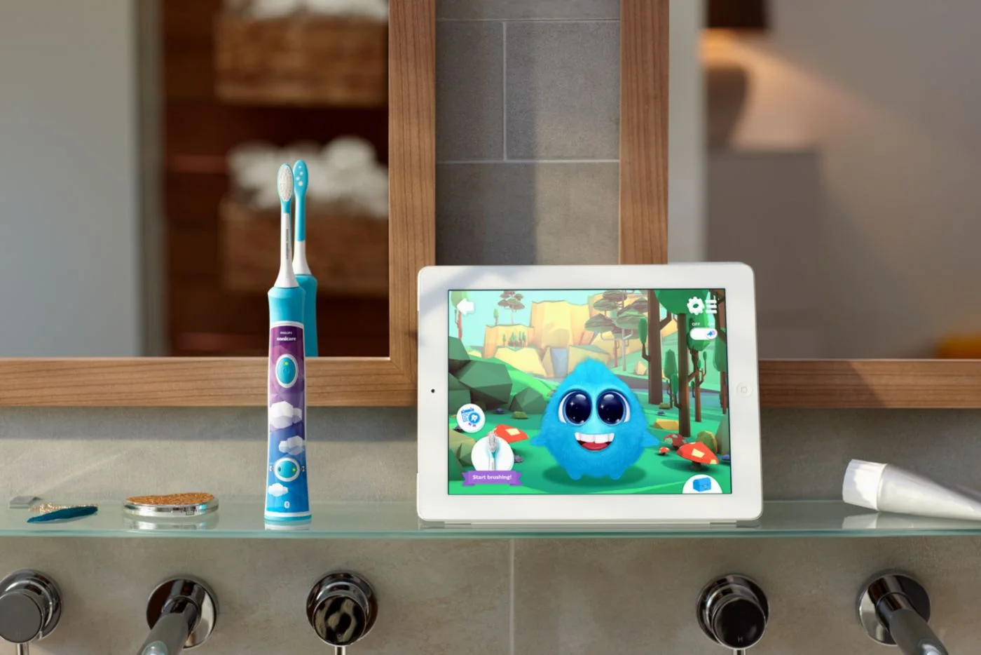 Manufacturer bathroom scene demonstrates the connected app; tablet is a prop.