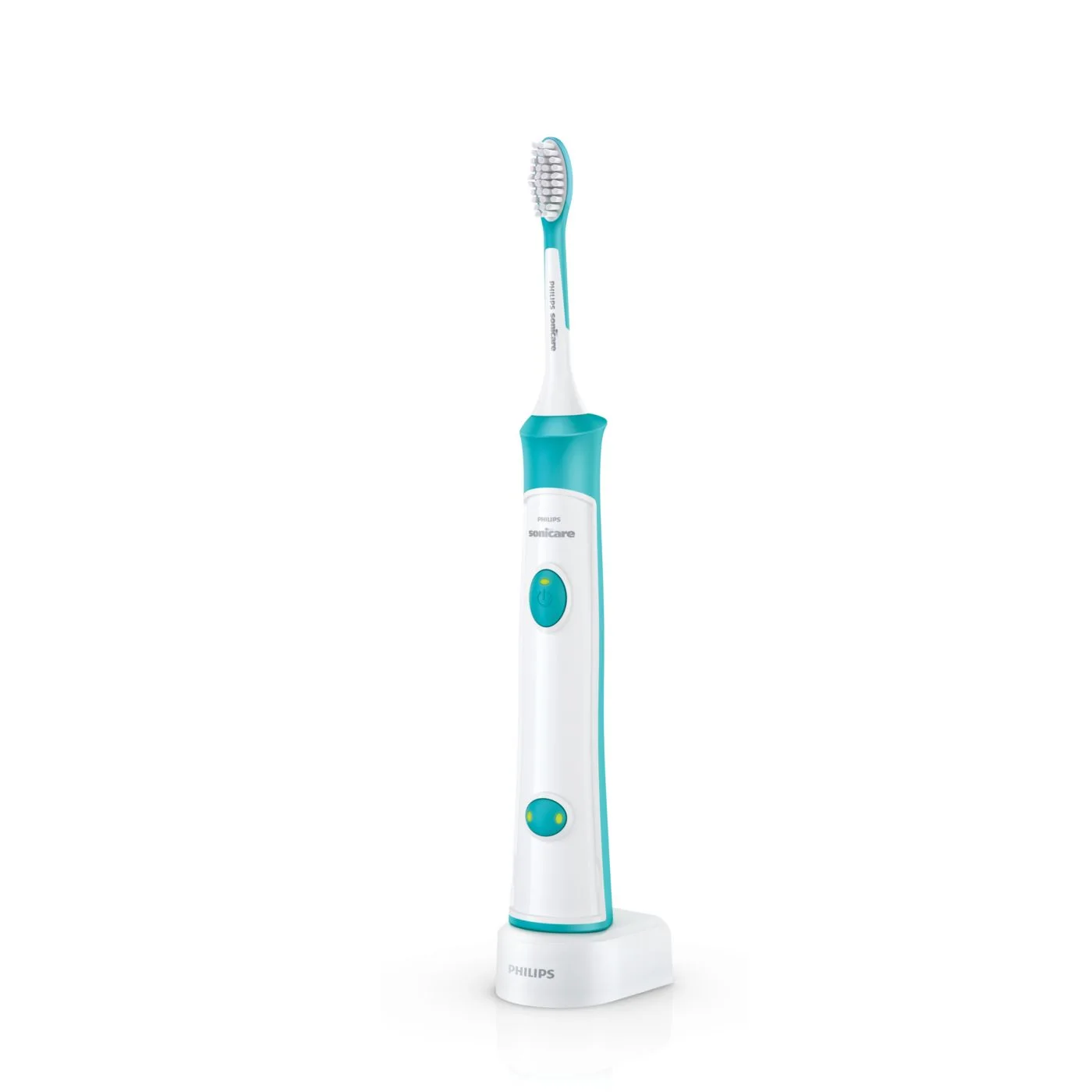 Standalone turquoise toothbrush on its charging base.