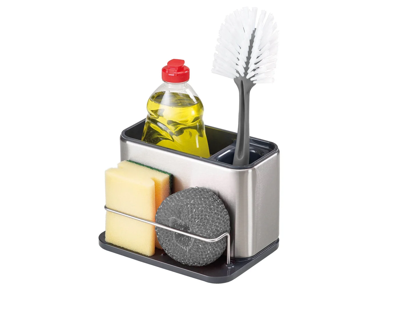 Surface85112 steel-and-grey caddy; detergent, brush and sponges are display props, not included contents.