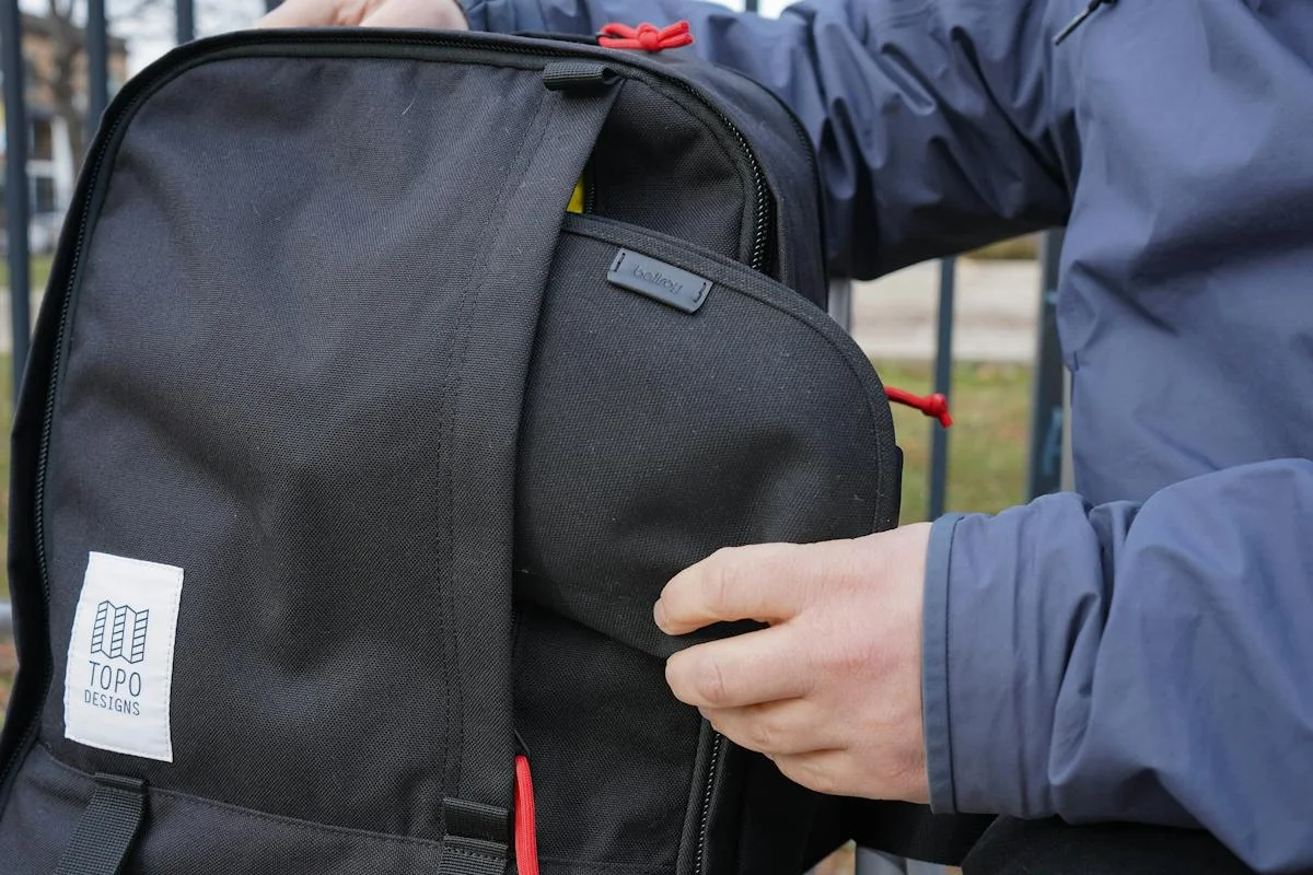 Reference image of a Classic Pouch being placed into a backpack; backpack is separate.