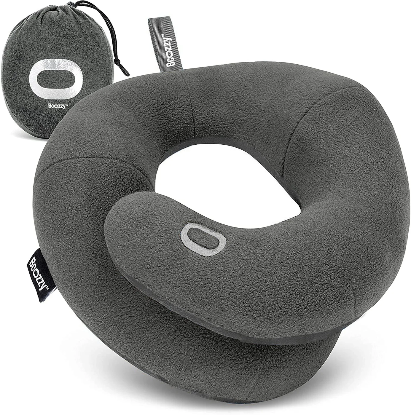 Gray BCOZZY travel pillow with its carry bag; selected listing is X-Large.