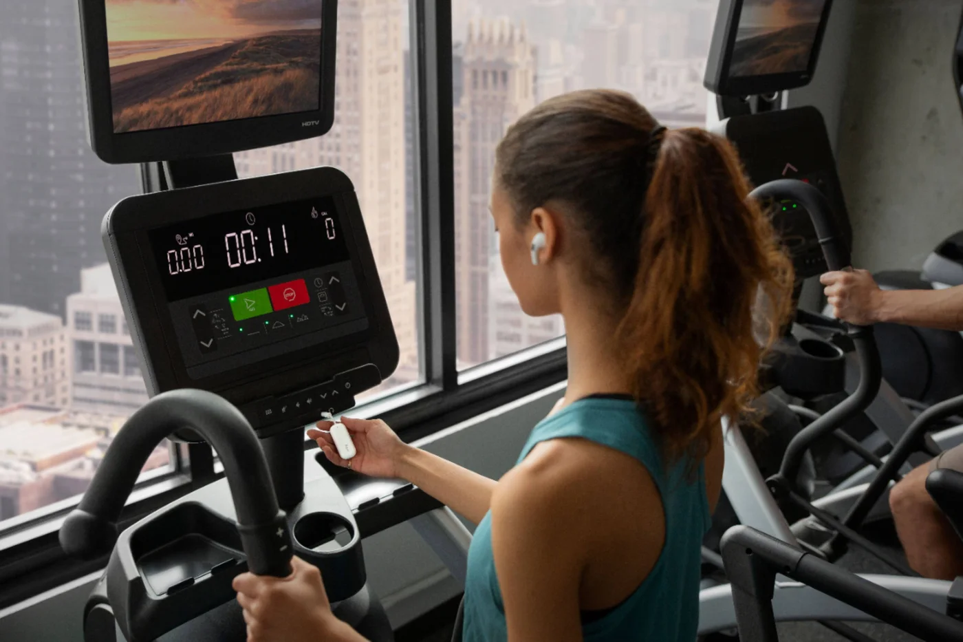 Gym-screen listening illustration, dependent on a compatible audio socket.