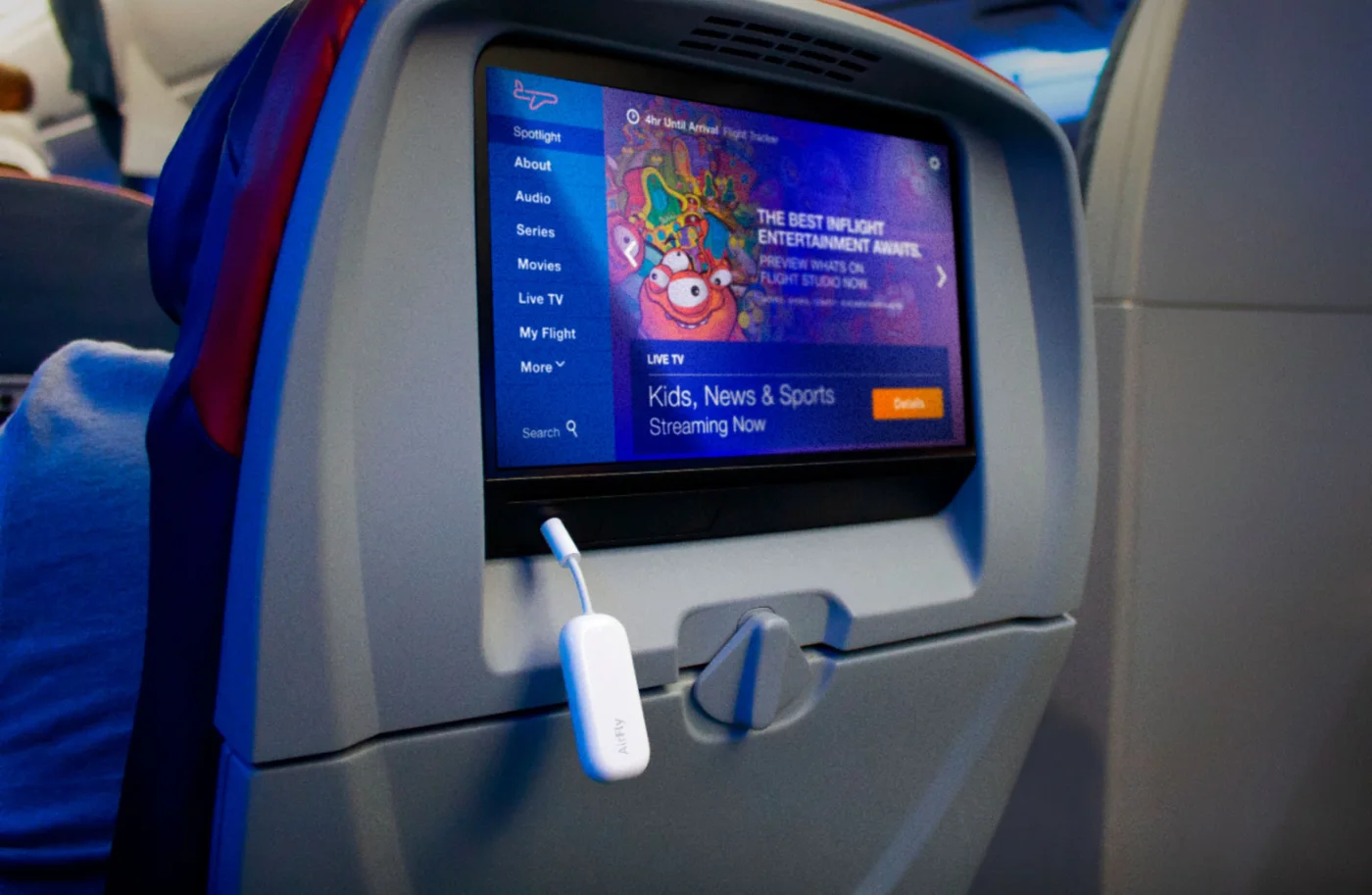 Aircraft-seat listening example using personal wireless headphones.