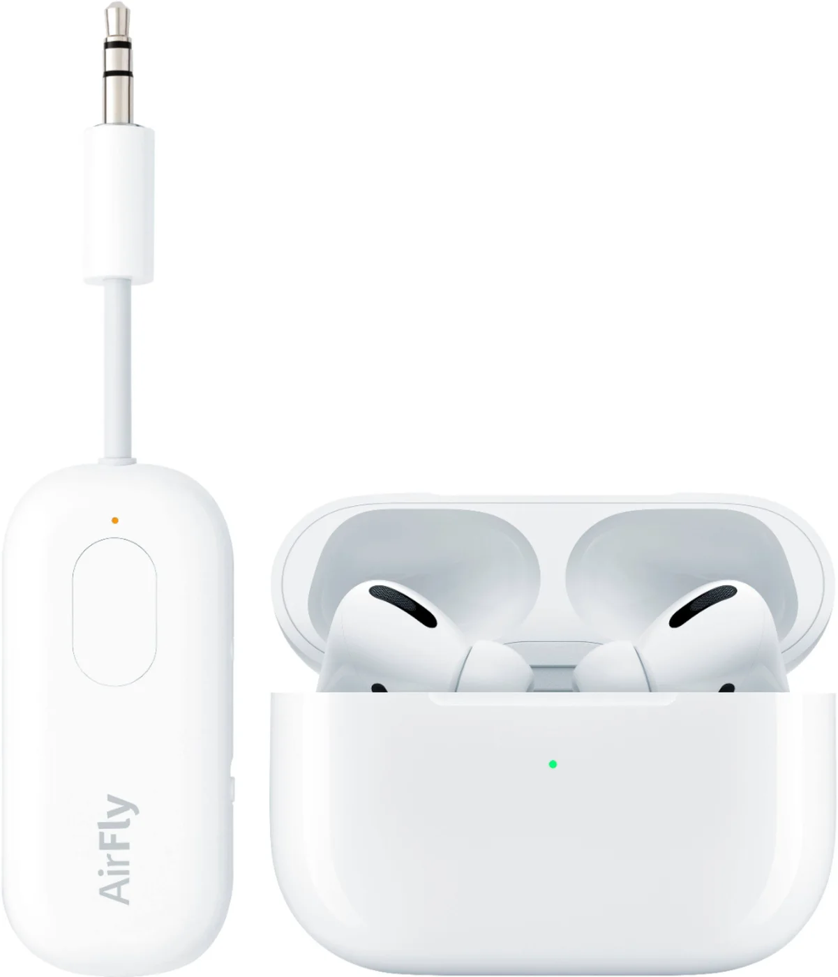 AirFly Pro shown alongside wireless earbuds as a compatibility example; earbuds are not included.