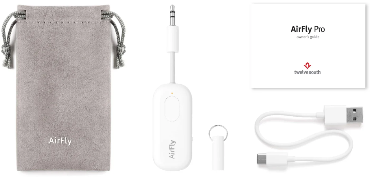 Retailer reference photograph of the original AirFly Pro package and accessories; verify seller contents.