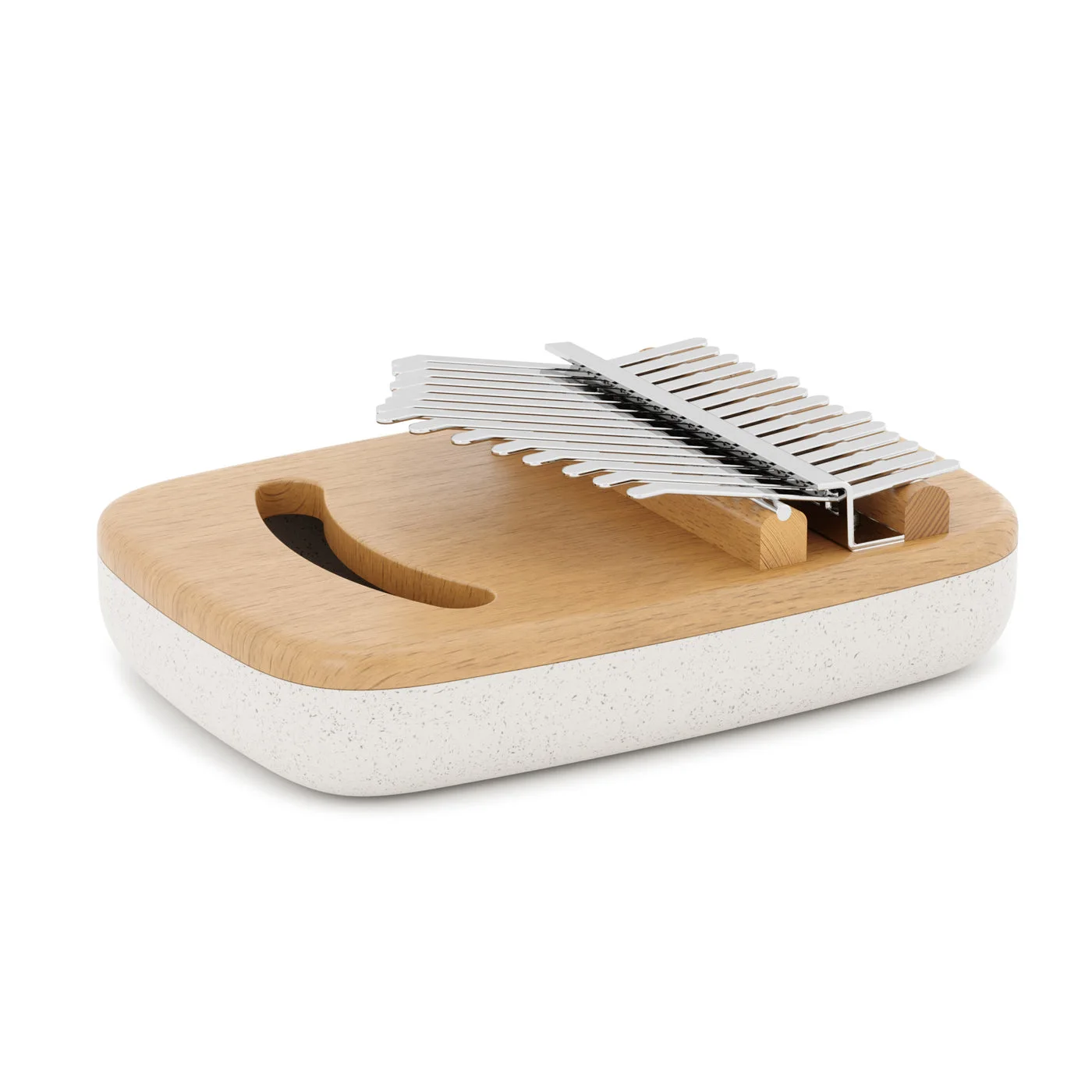 Strumba's rounded wood-tone body, white base and metal keys in the selected finish.