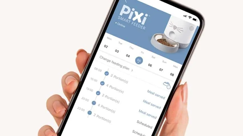 PIXI app feeding schedule illustration on a phone; phone not included.