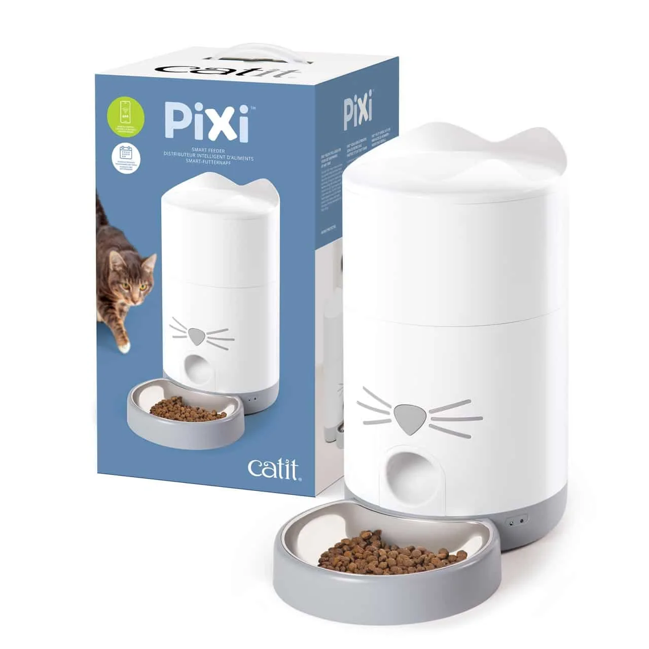 White PIXI Smart Feeder 43752 with its stainless dish and retail package.