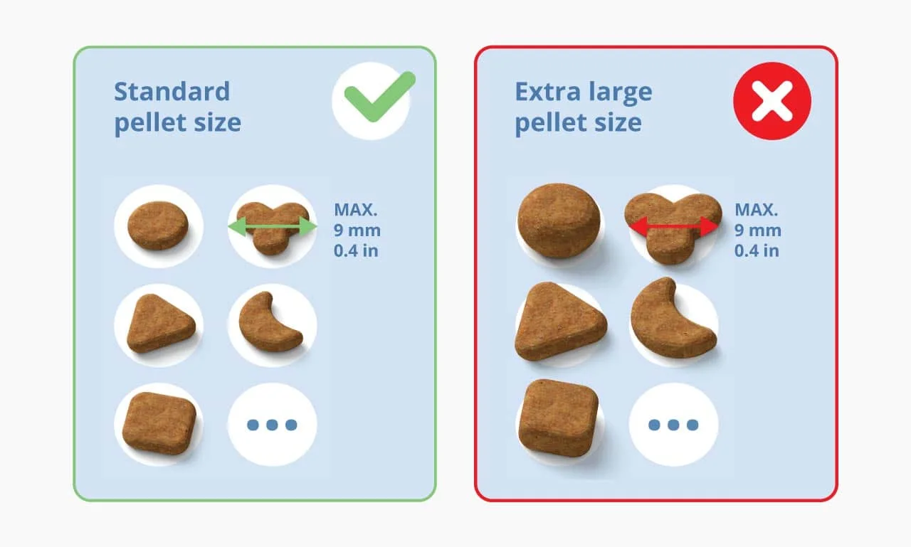 Maker pellet-size compatibility diagram; check actual kibble before relying on dispensing.