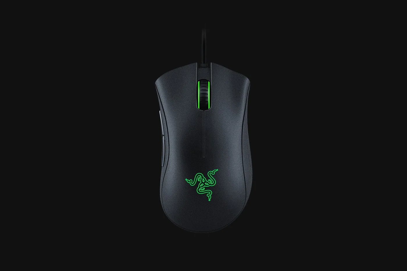 Top view of the black wired DeathAdder Essential with its green logo and scroll-wheel lighting.