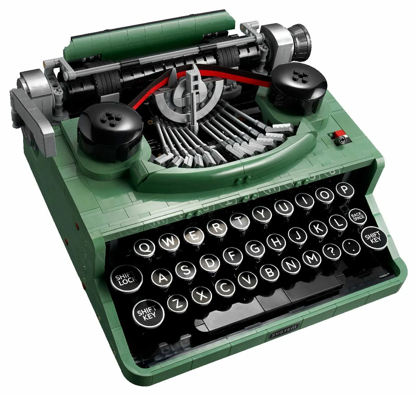 Completed green LEGO Typewriter 21327, without a video-play overlay.