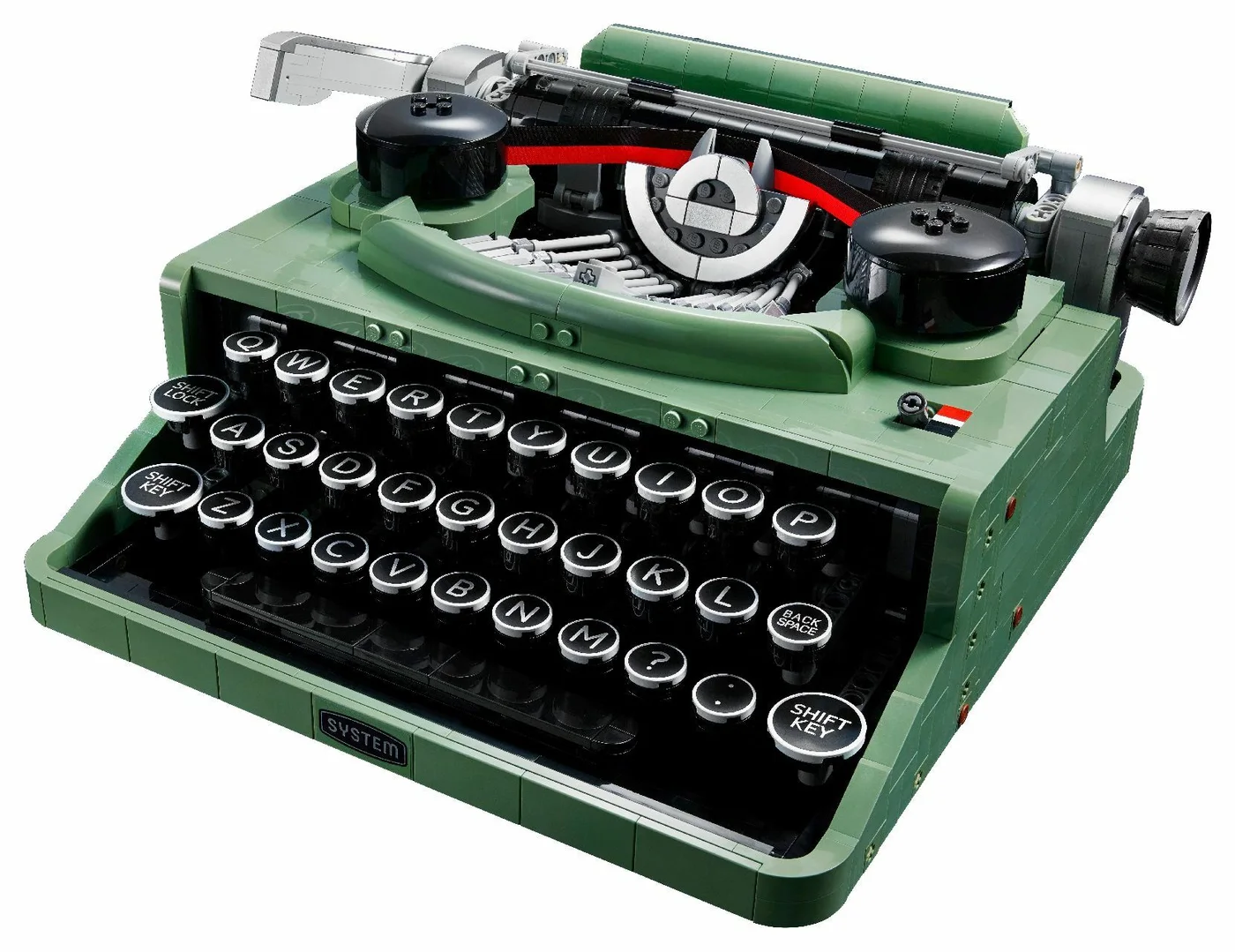 Opposite angle showing the rounded keys and carriage.