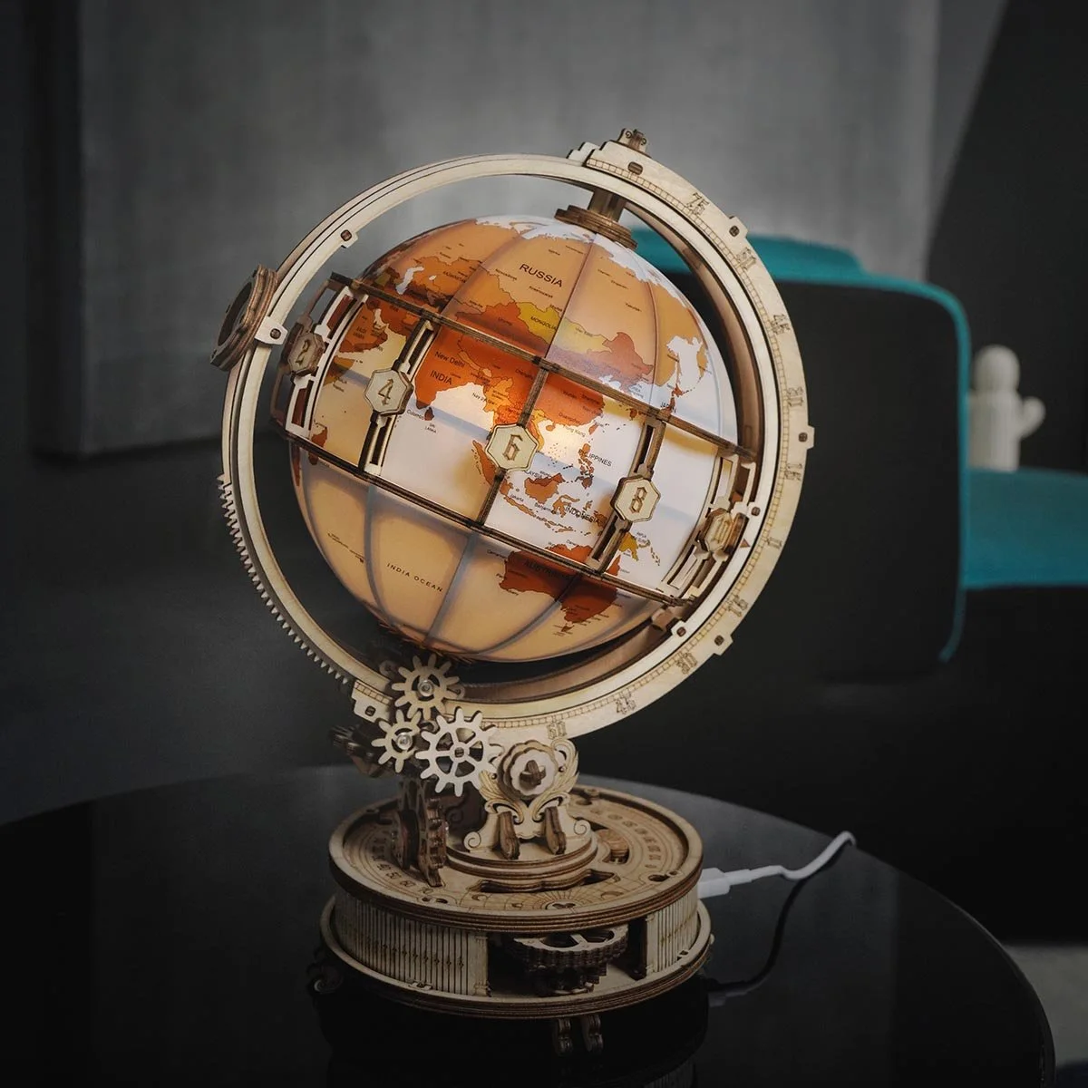 Assembled hand-operated globe on a tabletop