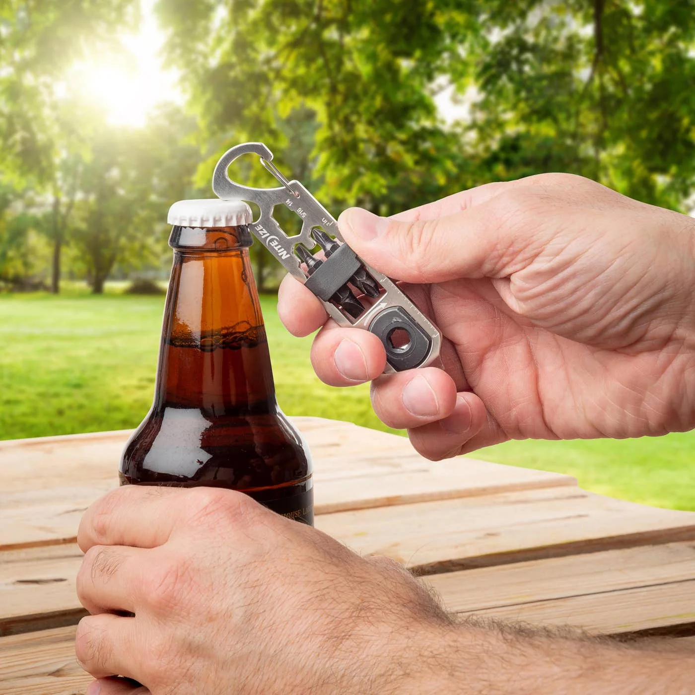 Bottle-opening example; bottle and surrounding equipment are not included.